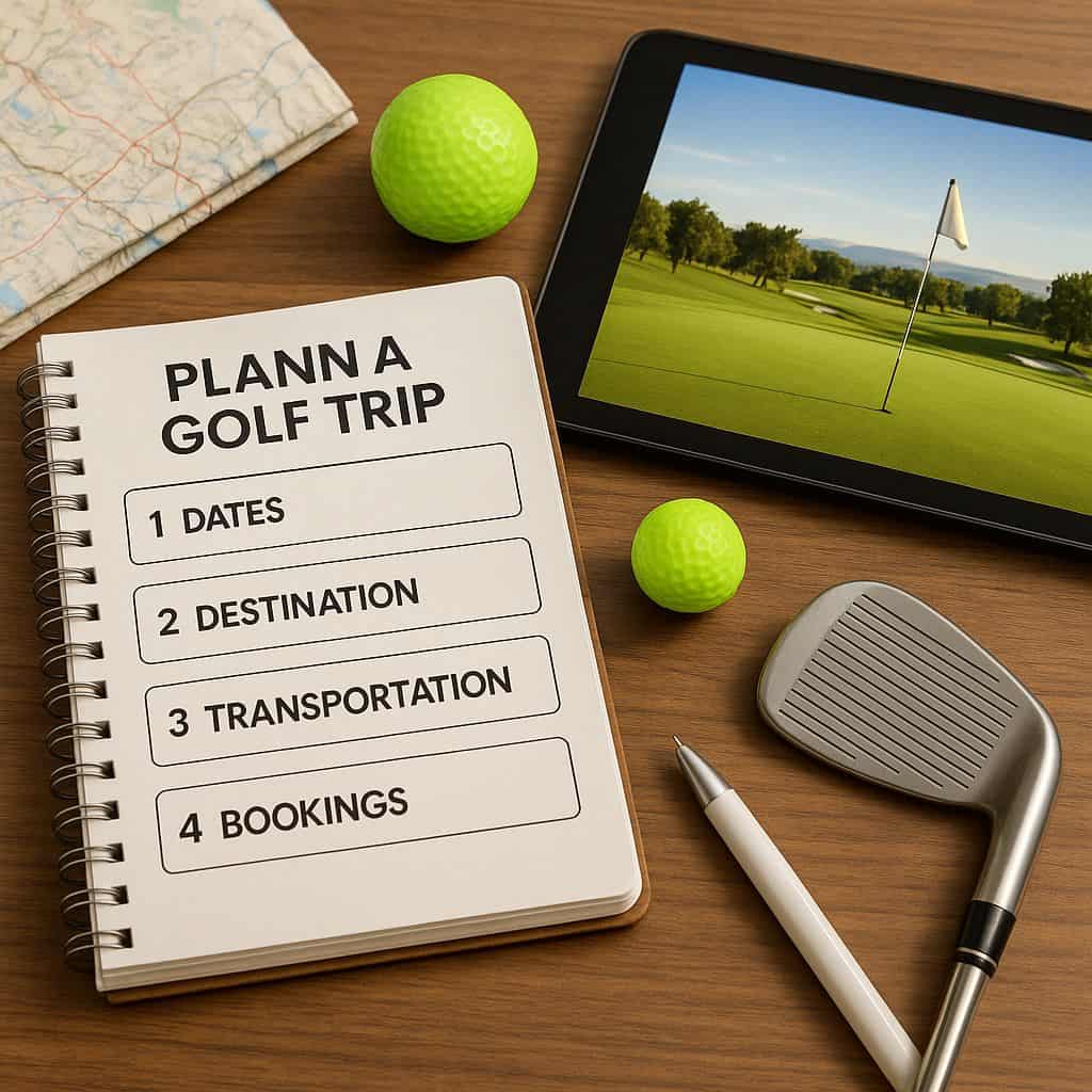 golf trip planning illustration with golf club, golf ball, scheduling note pad, map, and digital image of a flagstick on a green on the ipad.
