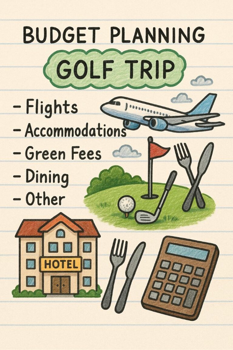 Illustrated budget planning sheet for a golf trip, drawn on lined notebook paper. At the top, bold text reads "BUDGET PLANNING" with "GOLF TRIP" highlighted inside a green cloud. Below are budget categories listed as: Flights, Accommodations, Green Fees, Dining, and Other. Each category is paired with playful, colorful drawings—an airplane, a hotel, a golf course with clubs and a flag, dining utensils, and a calculator. The style mimics hand-drawn sketches with colored pencils and markers.