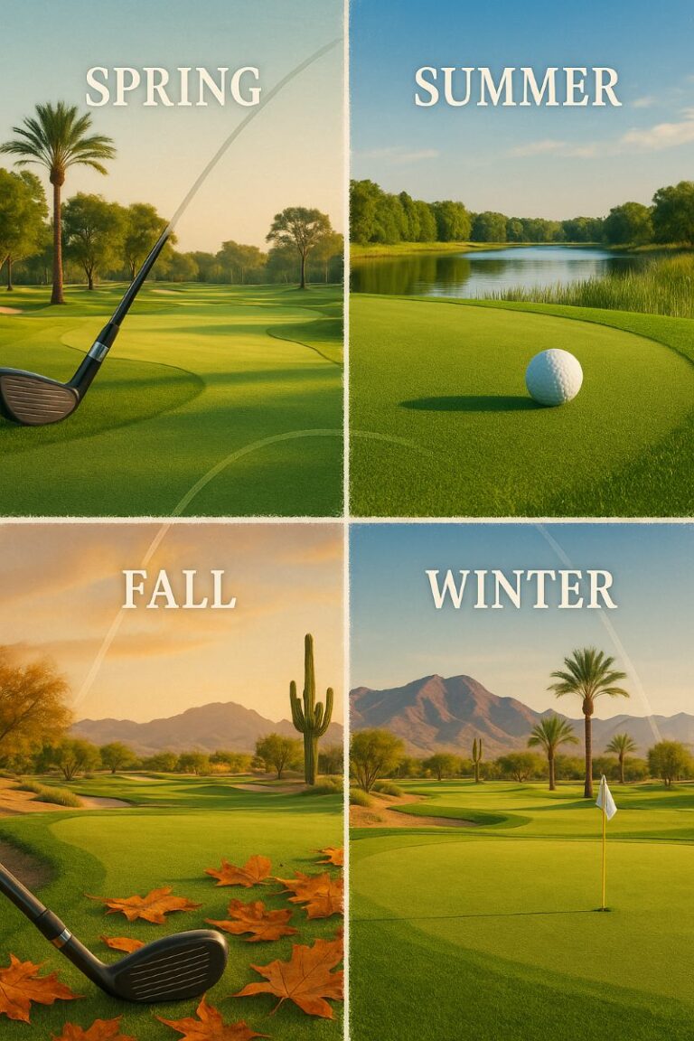 Four-panel illustration showing golf courses across the four seasons. The top left panel labeled “Spring” shows a green fairway with palm trees and a golf club. The top right panel labeled “Summer” shows a bright green putting green with a golf ball near a water hazard. The bottom left panel labeled “Fall” features a desert course with orange leaves on the ground and cacti in the background. The bottom right panel labeled “Winter” shows a sunny course with mountains and palm trees behind a green with a flagstick