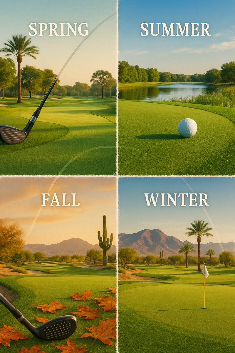 Four-panel illustration showing golf courses across the four seasons. The top left panel labeled “Spring” shows a green fairway with palm trees and a golf club. The top right panel labeled “Summer” shows a bright green putting green with a golf ball near a water hazard. The bottom left panel labeled “Fall” features a desert course with orange leaves on the ground and cacti in the background. The bottom right panel labeled “Winter” shows a sunny course with mountains and palm trees behind a green with a flagstick