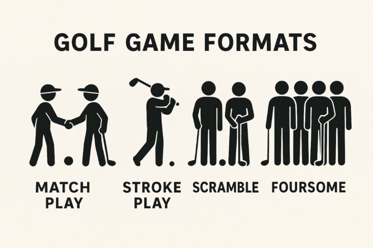 Minimalist 2D graphic titled ‘Golf Game Formats’ featuring simple black stick-figure icons on a light background. The icons illustrate four golf formats: two golfers shaking hands for Match Play, a single golfer swinging for Stroke Play, a group of golfers for Scramble, and a larger group representing Foursome.