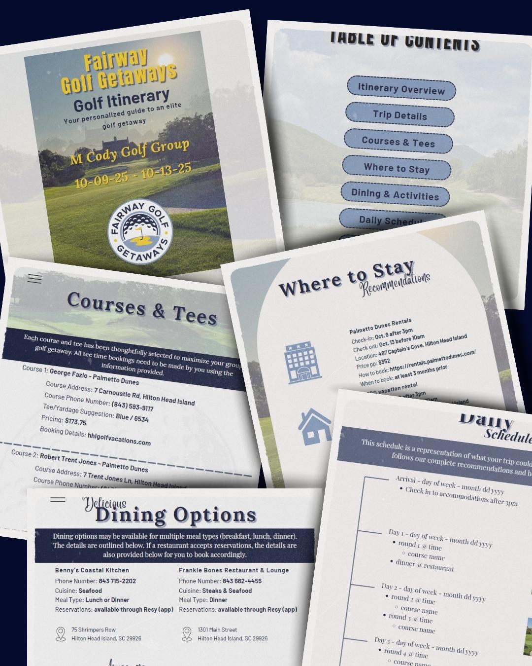 collage example of a golf itinerary from Fairway Golf Getaways that includes pages for contents, courses & tees, accommodations, dining options, and a daily schedule.